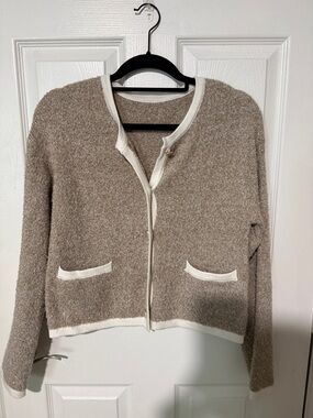SHEIN Tan Bouclé Cardigan with Cream Trim